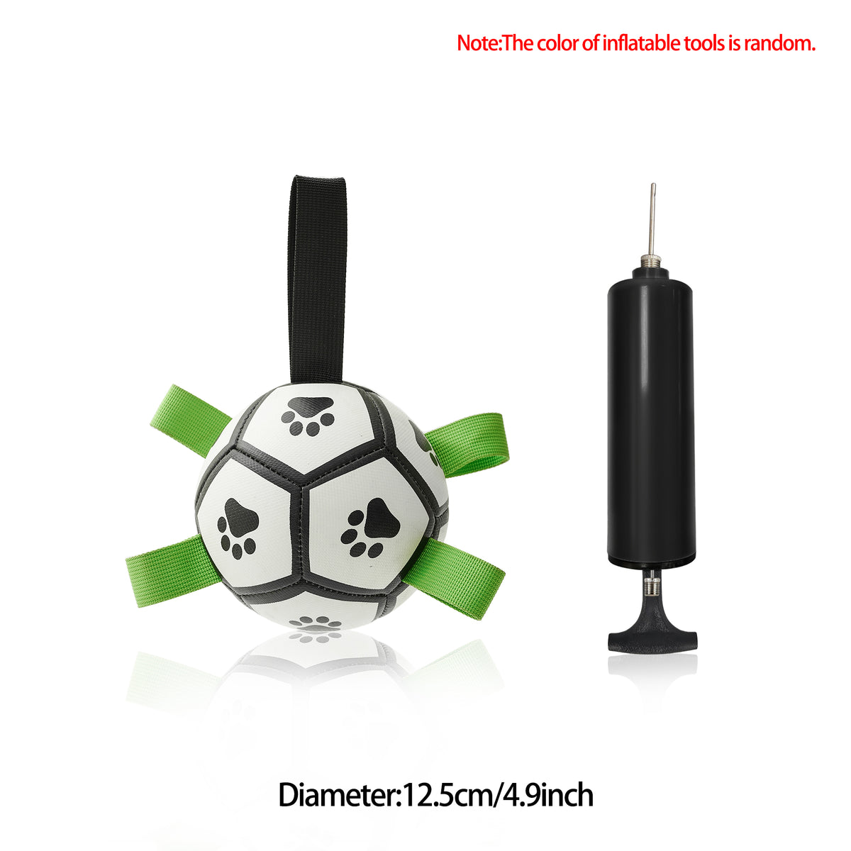 12.5 cm fetch ball with green tabs and pump
