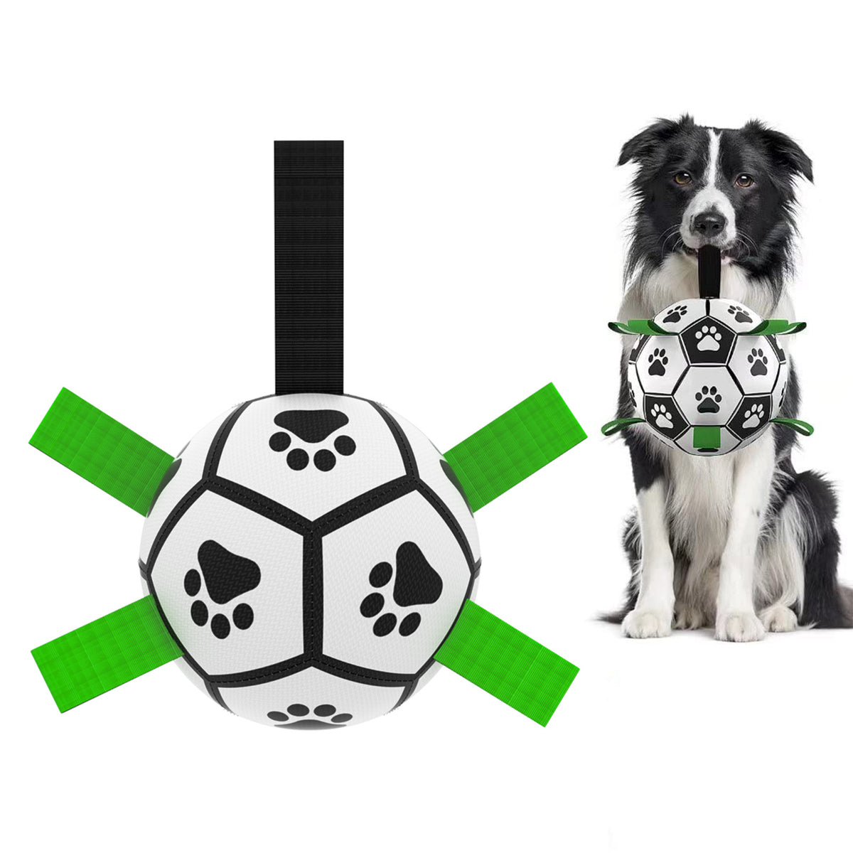 Grab-tab fetch ball shown beside a dog