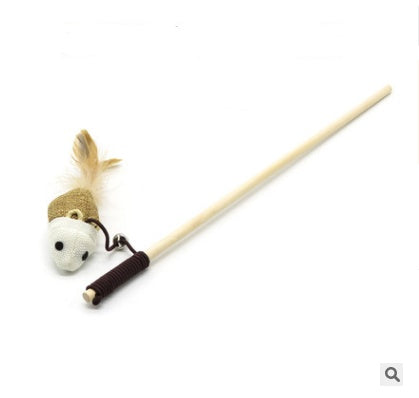 Wooden cat teaser wand with mouse and feather attachment