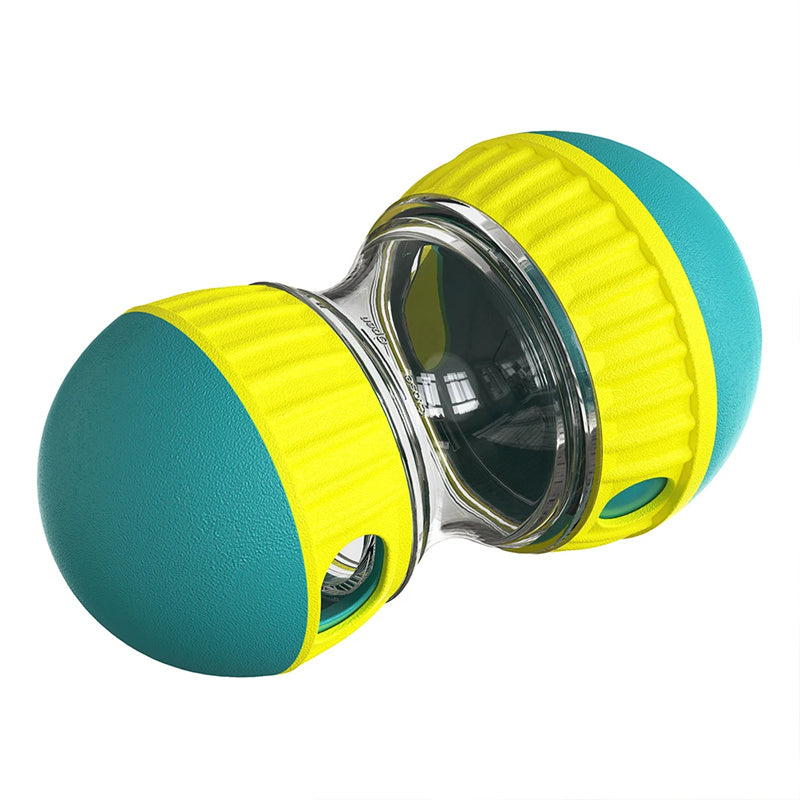 Blue rolling treat toy with clear chamber and adjustable openings